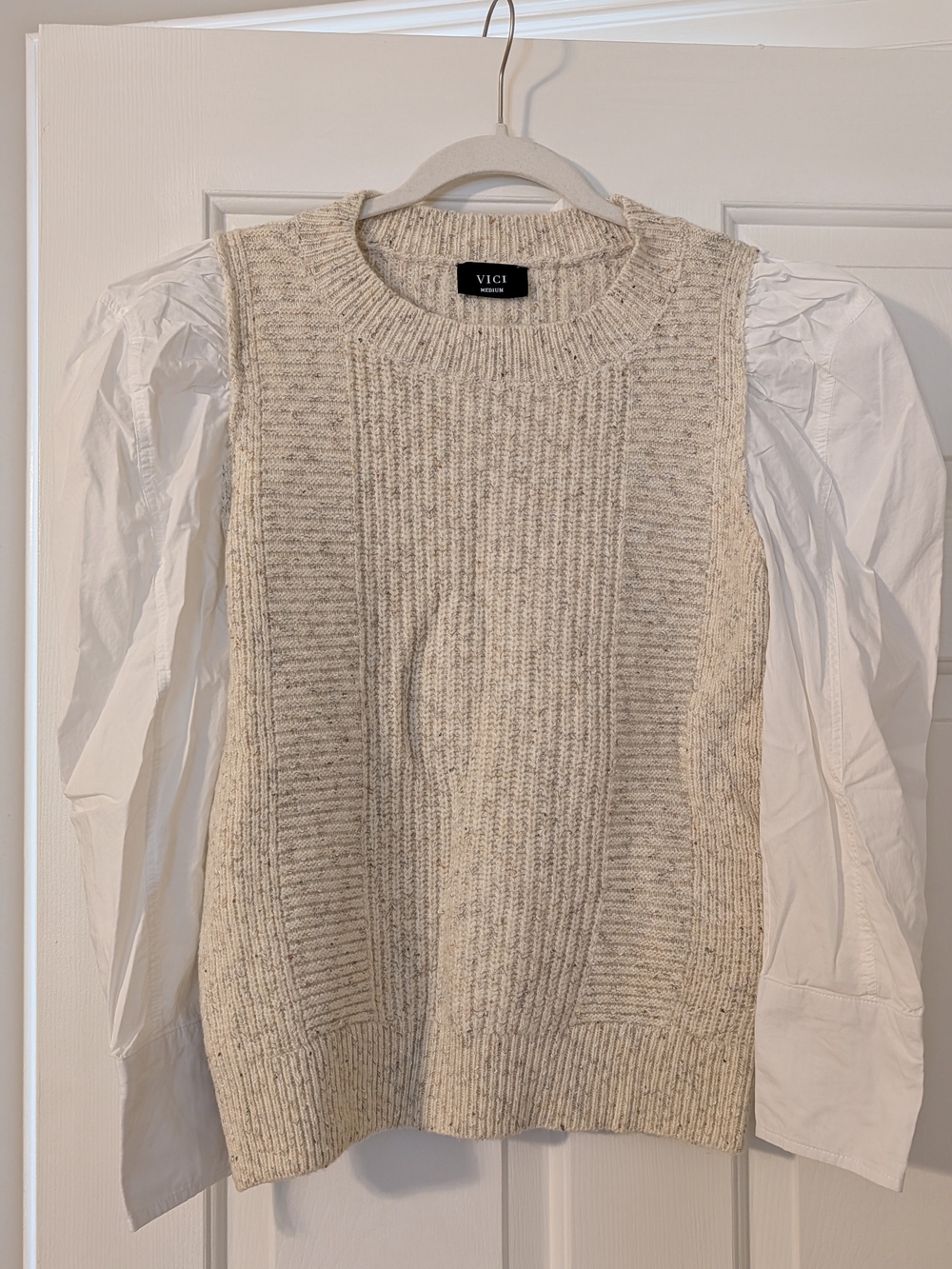 VICI Cream Ribbed Crewneck Sweater Vest With Sleeves